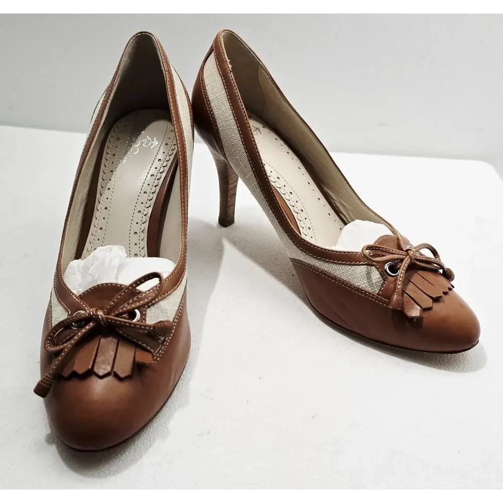 Brooks Brothers Spectator Heels Fringe & Bow Cognac/Natural Sz 7.5 M